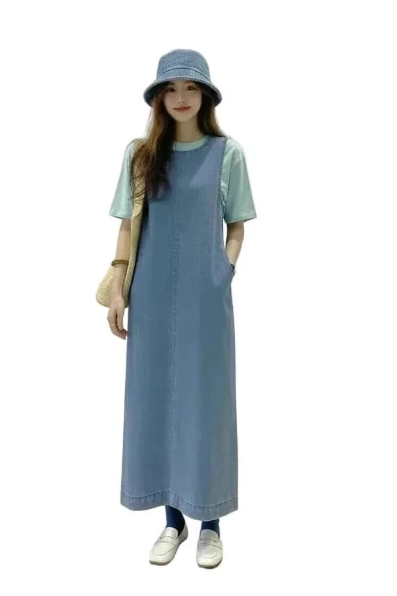 🍒Sleeveless denim long dress for women fashion round neck denim maxi dress outfit a-line with pockets casual wear loose summer clothing