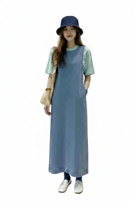 🍒Sleeveless denim long dress for women fashion round neck denim maxi dress outfit a-line with pockets casual wear loose summer clothing