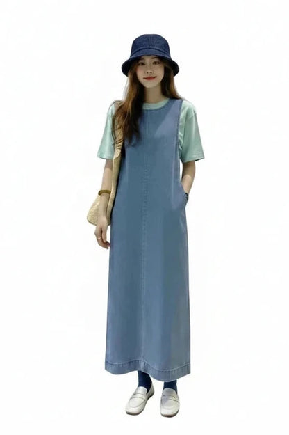 🍒Sleeveless denim long dress for women fashion round neck denim maxi dress outfit a-line with pockets casual wear loose summer clothing