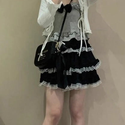 🍒Tiered pink mini skirt harajuku sweet lolita a-line fashion for women Y2k high waist cake skirts with ruched lace summer fashion wear smart casual clothing Put The Cherry On Top And Add This Cake To Your Wardrobe