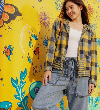 🍒格子口袋连帽外套上衣衬衫格子衫春夏时尚休闲女装格子服装户外风格俏皮别致格子