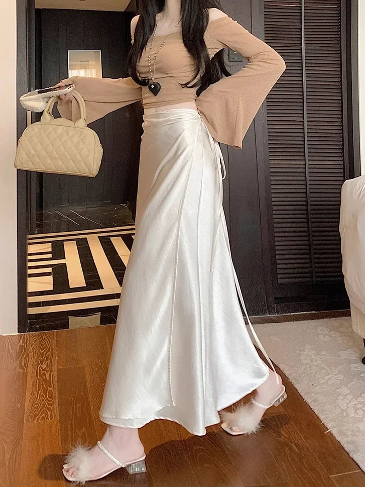 🍒Elegant high waist skirts for women fashion black grey satin skirt classic smart casual women  long skirt summer wear slinky silky skirty style