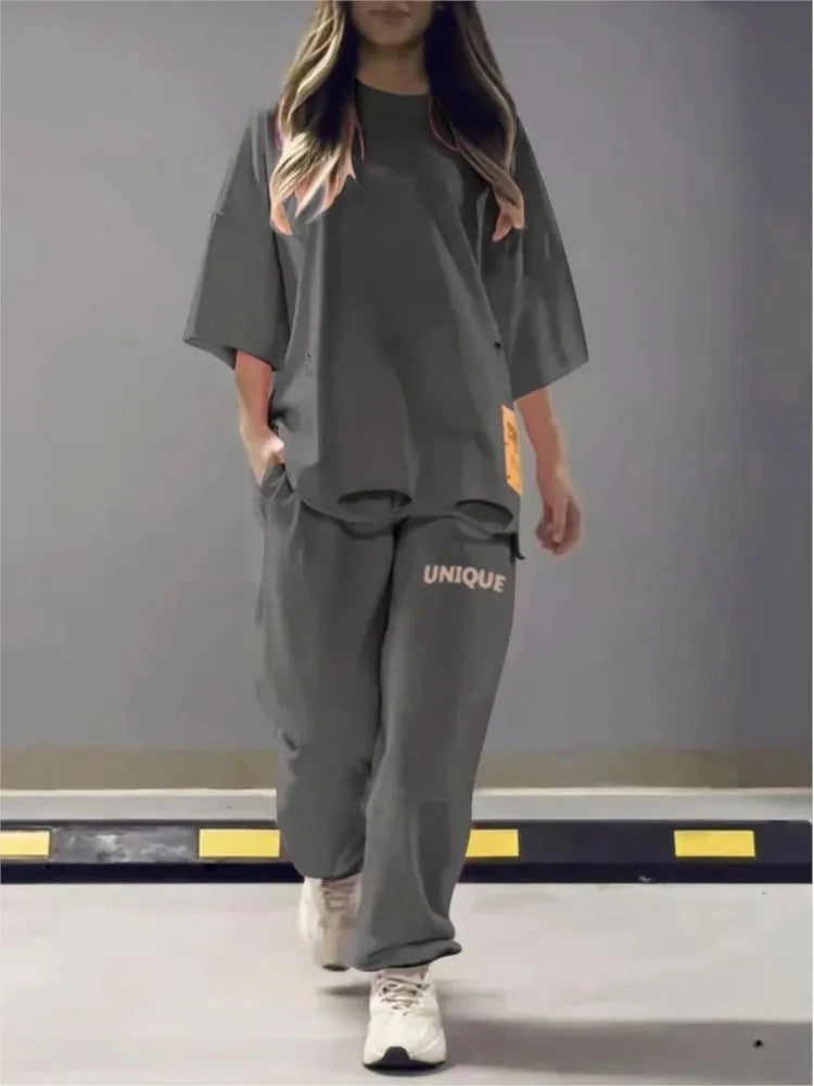 🍒Neon summer clothes fashion hollowed out o neck solid t shirt women's two piece set relaxed casual tracksuit for women with pocket pants Stand Out In Neon
