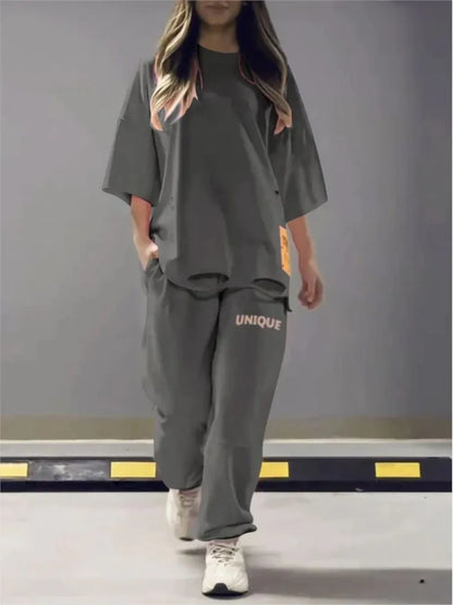 🍒Neon summer clothes fashion hollowed out o neck solid t shirt women's two piece set relaxed casual tracksuit for women with pocket pants Stand Out In Neon