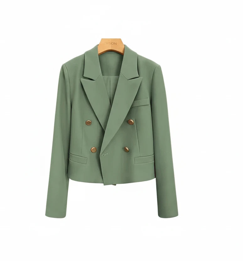 🍒女士短款西装外套 长袖 双排扣 短款 智能休闲外套 场合 春秋时尚 精英之选 酷飒