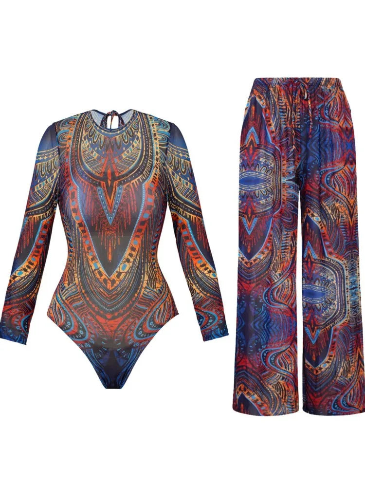 🍒Two piece set swimwear pants and swimsuit for women summer bathing suit and wide leg trouser beach cover up swimming suit set beach wear party outfit Suited For Swimming