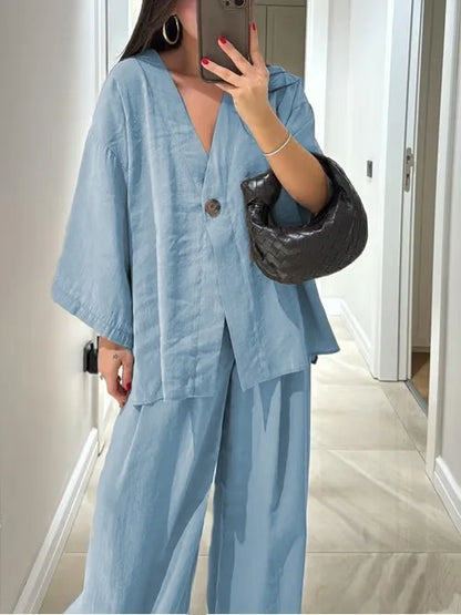 🍒Informele broekpak vir vroue, elegante langmou-uitrusting, enkelkleur wyebeenbroek en baadjie-stel, lente somer mode los tweestuk-partytjie-pajamas