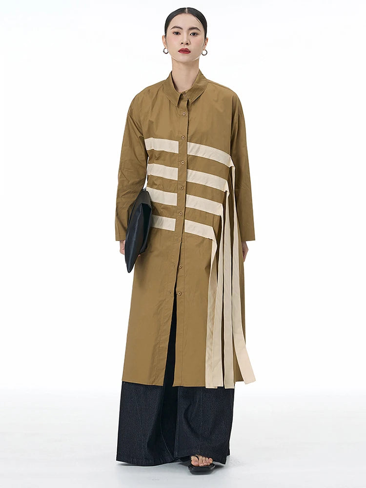 🍒black striped shirt dress women ribbon colour-block big size coat dress a-line with long sleeve and turn down collar fashion smart casual outwear Get A ZEBRA aCROSS a shirt dress cool thING