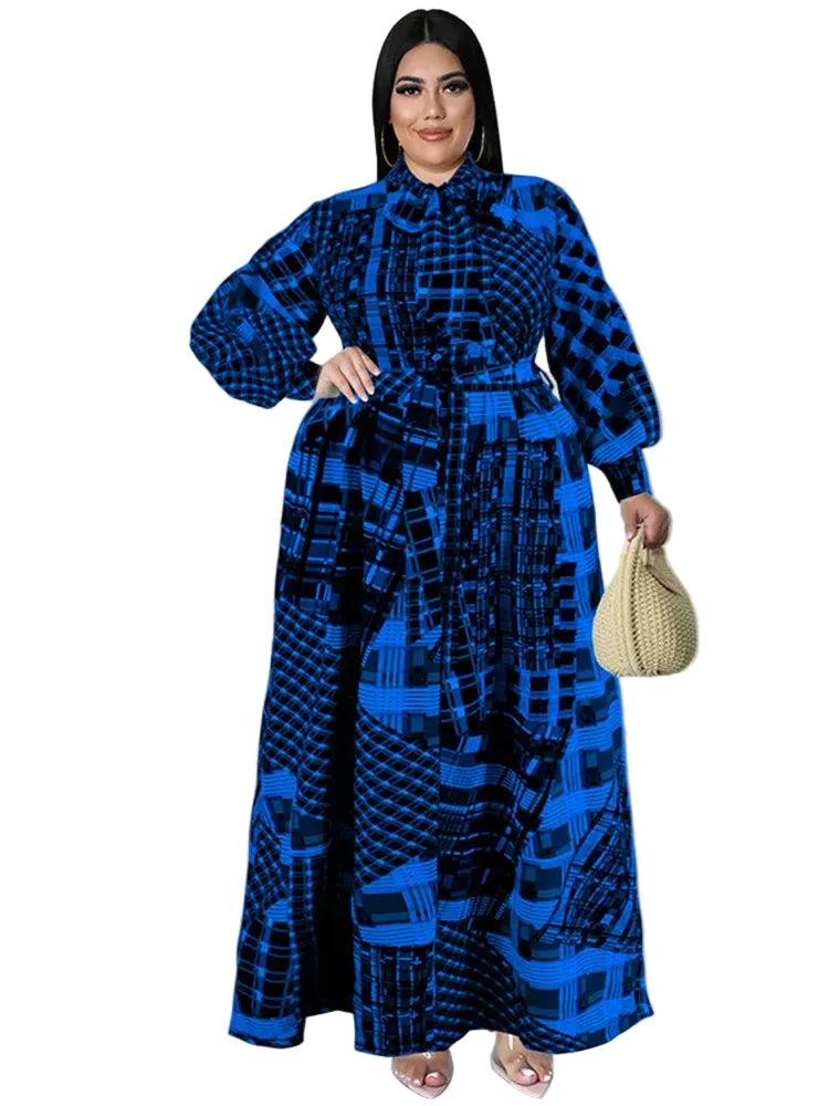 🍒Plus size vintage long sleeve dress print womens clothing fall dresses with belt loose maxi outfit long fashion smart casual women Mix Up Fashion