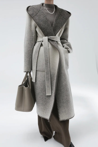 🍒Pienk wolmengseljas met kap en gordel, stylvolle winteroorjas, kleurvolle moderne modejas, slim gemaklike buiteklere, vroue lyk soos lekkergoed in vlokkie-wol