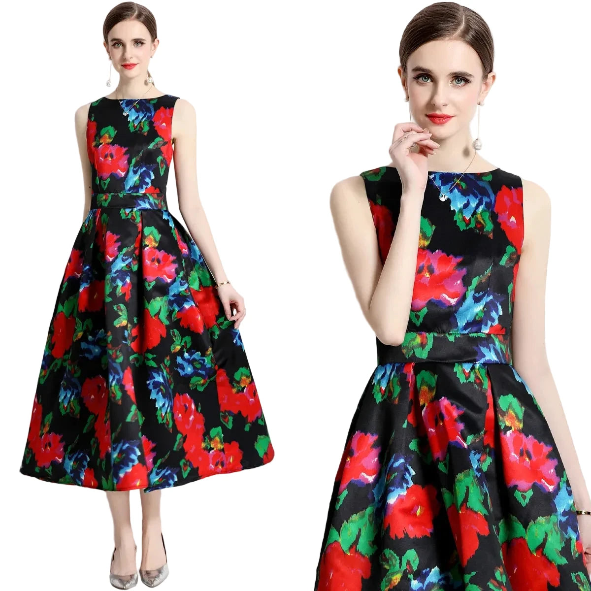 🍒Designer fashion dress floral print clothing vintage a line party wear outfit for women birthday dinner retro runway occasion wear  make ARRANGEMENTs for these FLOWERs