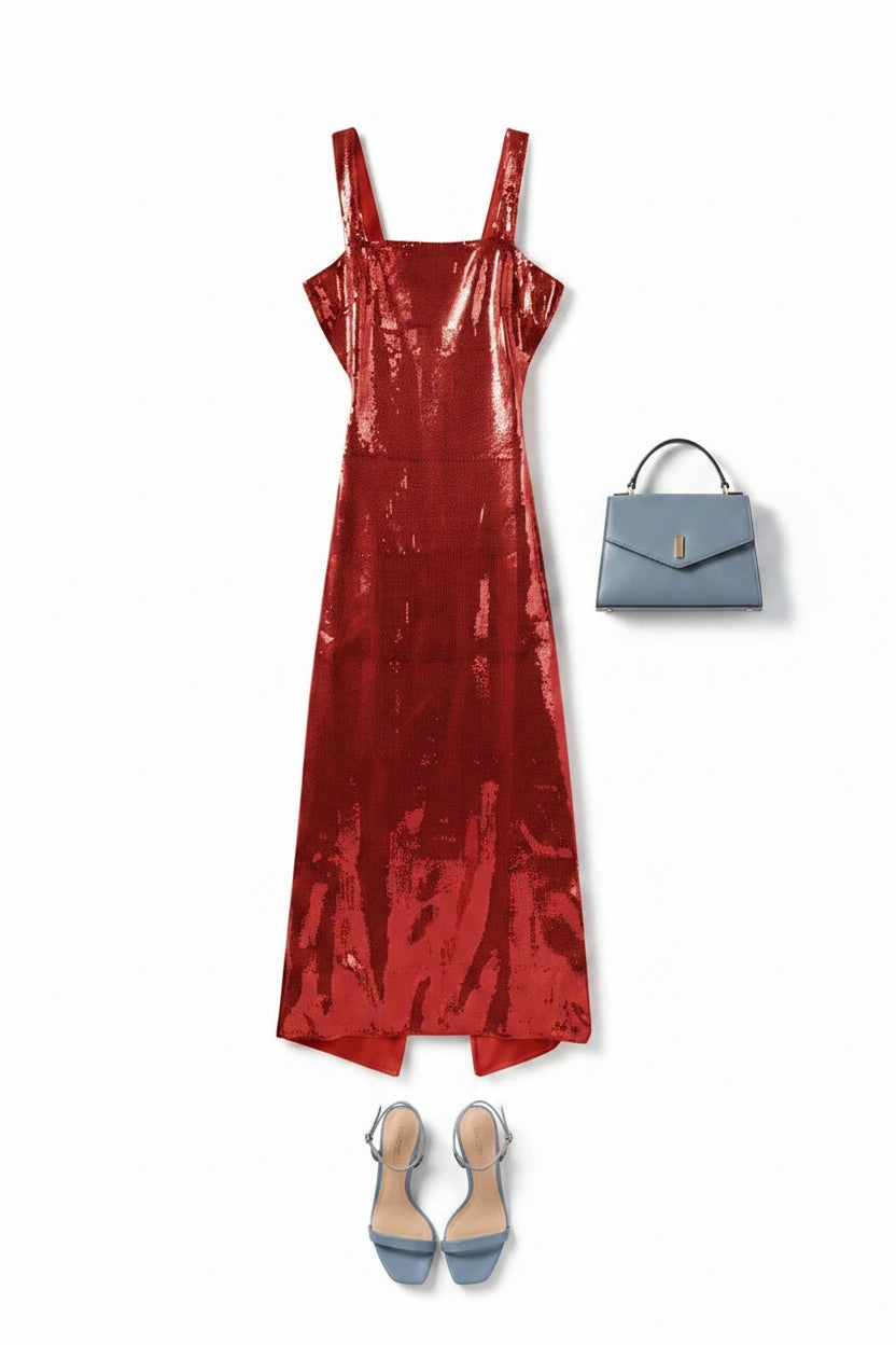 🍒方领连衣裙女长款无袖露背装亮片时尚休闲女式派对服装场合服饰炫亮登场