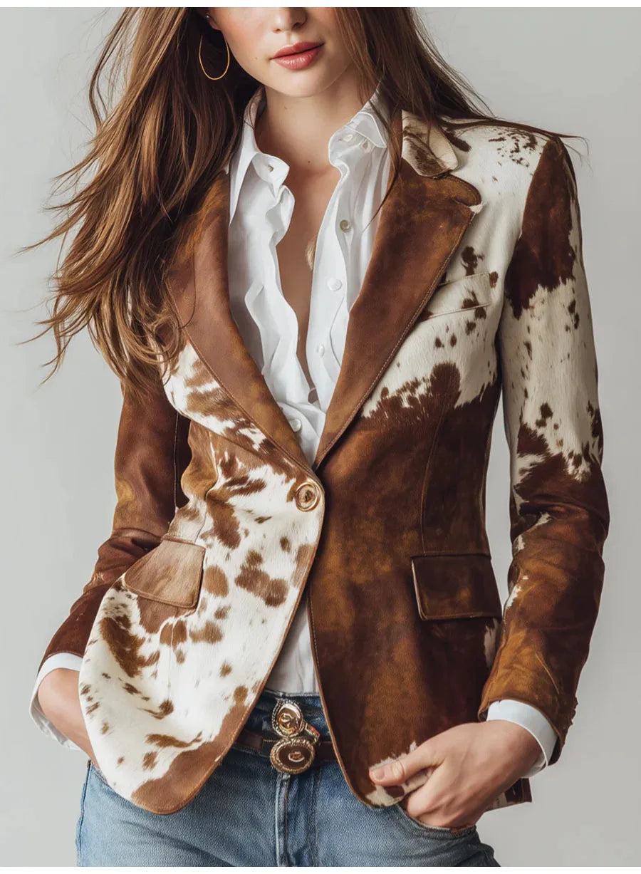 🍒Informele Baadjie vir vroue, modieuse bruin diereprent langmou baadjie met lapelstyle en opstaande kraag, slim blazerpakke, slim gemaklik, Oulike Koei