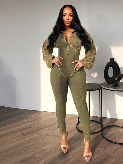 🍒Distressed Jumpsuit v-neck  solid ribbed skinny one piece long sleeve casual autumn trendy outfits simple activity streetwear Look Optimistcally Colouful In Distress