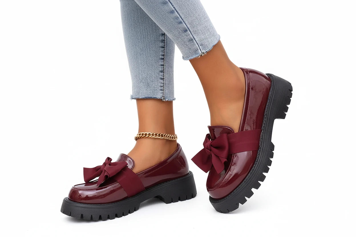 🍒Bow shoes for women's smart casual platform loafers fashion wine red patent leather footwear comfort slip on flat pumps plus size available Bob Along Bows