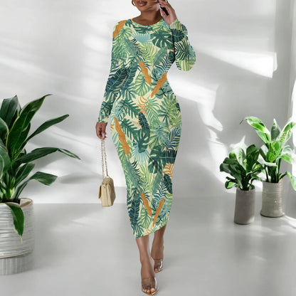 🍒Blommetjiesrokke vir vroue met o-nek, langmou, mode-rekbare somerklere, noupassende bodycon midi slim gemaklik Jy Sal Nie Hierdie Rok Los Nie