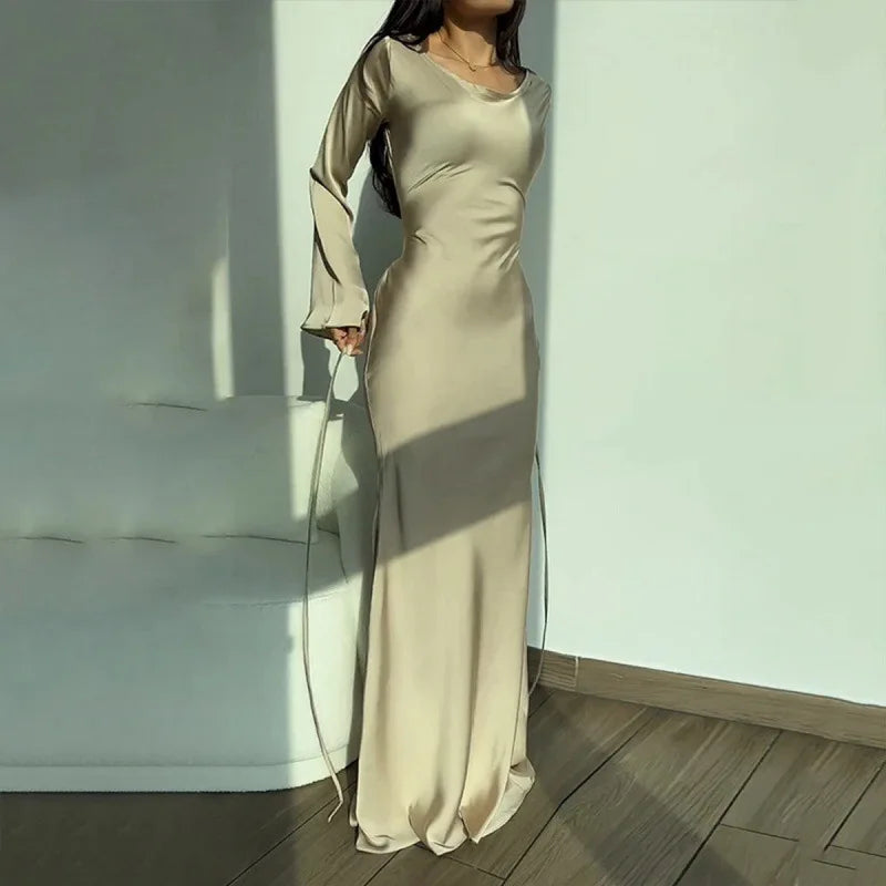 🍒Womens long dresses simple design fashion round neck satin outfit flare sleeve outfit lomg sleeve lace up slim evening party wear bodycon Slinky Simple Style