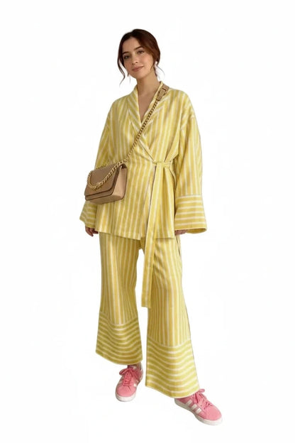 🍒Casual long sleeve suit for women striped set jacket loose/oversized and high-waisted trousers fashion smart casual two piece set Every Body Suits Stripes