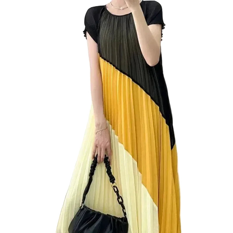 🍒Mid length dresses for women casual outfit short sleeve smart three-residence series round neck clothes fashion pleated loose waist summer wear Angle To A Diagonal