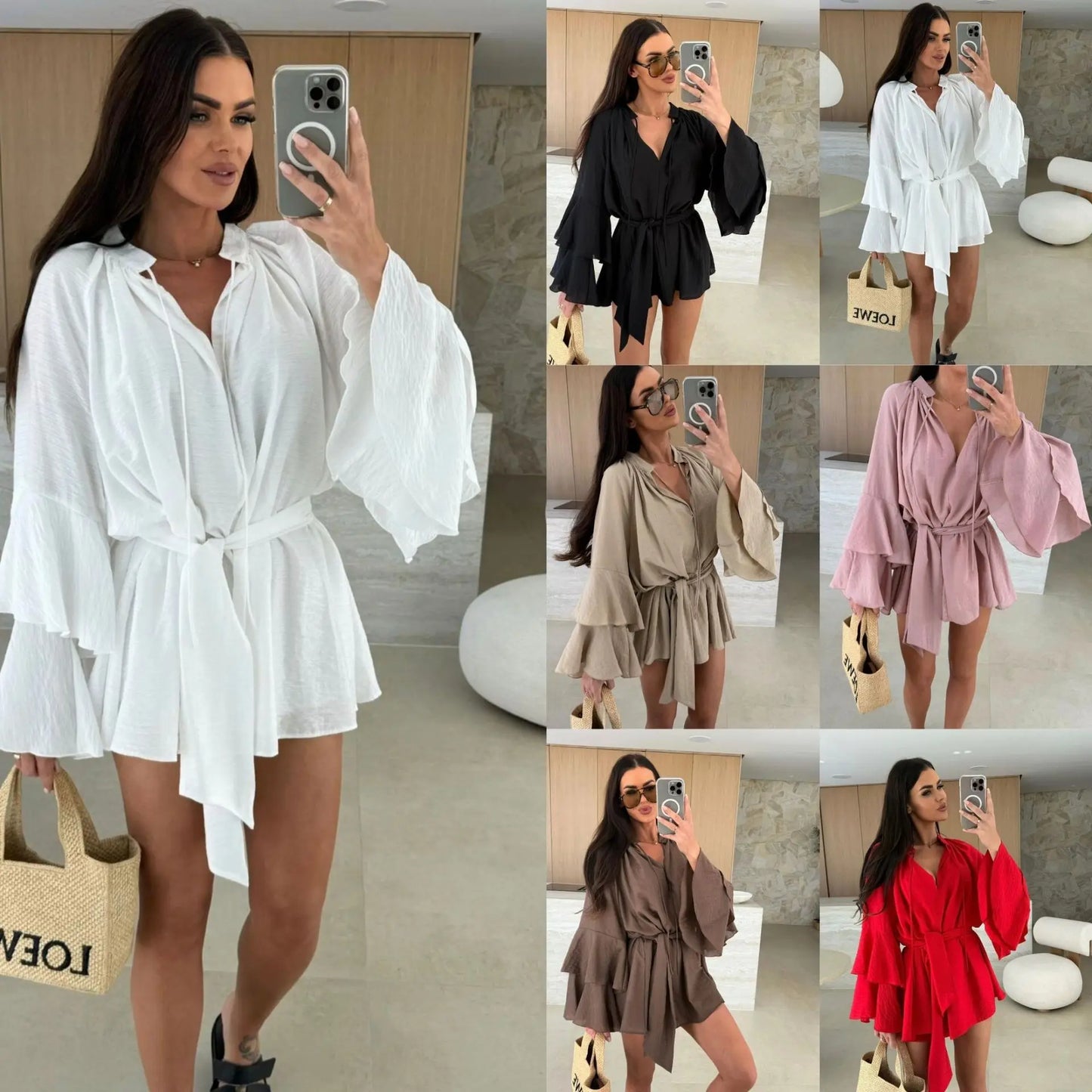 🍒Elegante opvourok vir vroue bruin diep v-nek langmou mini-rok vroulike lente somer los modeklere partytjie geleentheid drag Blouse Up In  a Dress