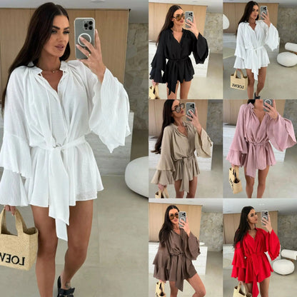 🍒Elegante opvourok vir vroue bruin diep v-nek langmou mini-rok vroulike lente somer los modeklere partytjie geleentheid drag Blouse Up In  a Dress