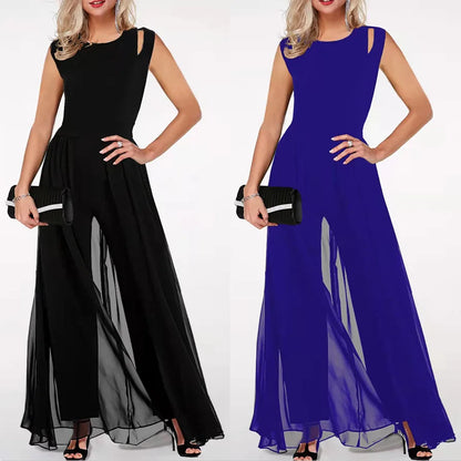 🍒Summer long jumpsuits for women round neck sleeveless outfit milk silk solid colour occasion wear