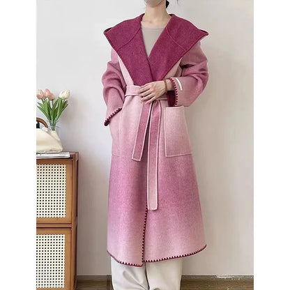 🍒Pienk wolmengseljas met kap en gordel, stylvolle winteroorjas, kleurvolle moderne modejas, slim gemaklike buiteklere, vroue lyk soos lekkergoed in vlokkie-wol