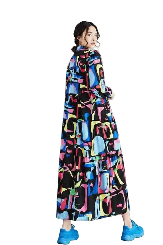 🍒Oversized vintage dress floral women casual loose autumn spring summer wear outfit midi length elegant long sleeve clothing fashion smart casual clothes Colour Cool