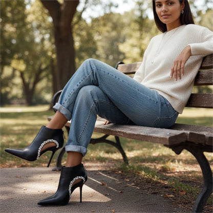 🍒Womens shoe booties genuine leather luxury brand stilettos with diamonds accent pointed toe open arch boots with back zipper leather fashion footwear office shoes occasion shoes Diamond Cut Gems
