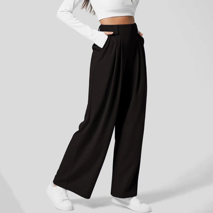🍒Straight fit high rise trousers  fashionable smart casual women loose solid colour wide leg  pants Solid Slick Staples