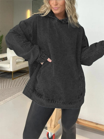 🍒Denim hoodie jeans-trui vir vroue met kap Y2k estetiese verweerde top gewas los buitekleed gemaklike klere