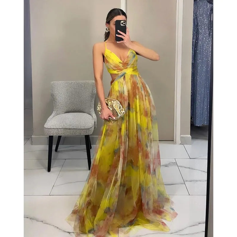 🍒Mesh evening dress spaghetti straps off shoulder vacation fashion outfit for summer party v-neck dress high waist backless occasion wear Mingle In A Mesh