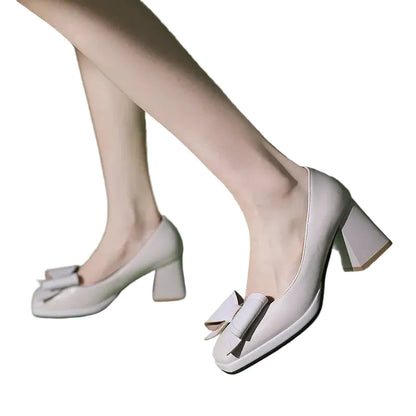 🍒Bow-tie heels women elegant shoes medium block heel pumps office wedding party shoes for occasions