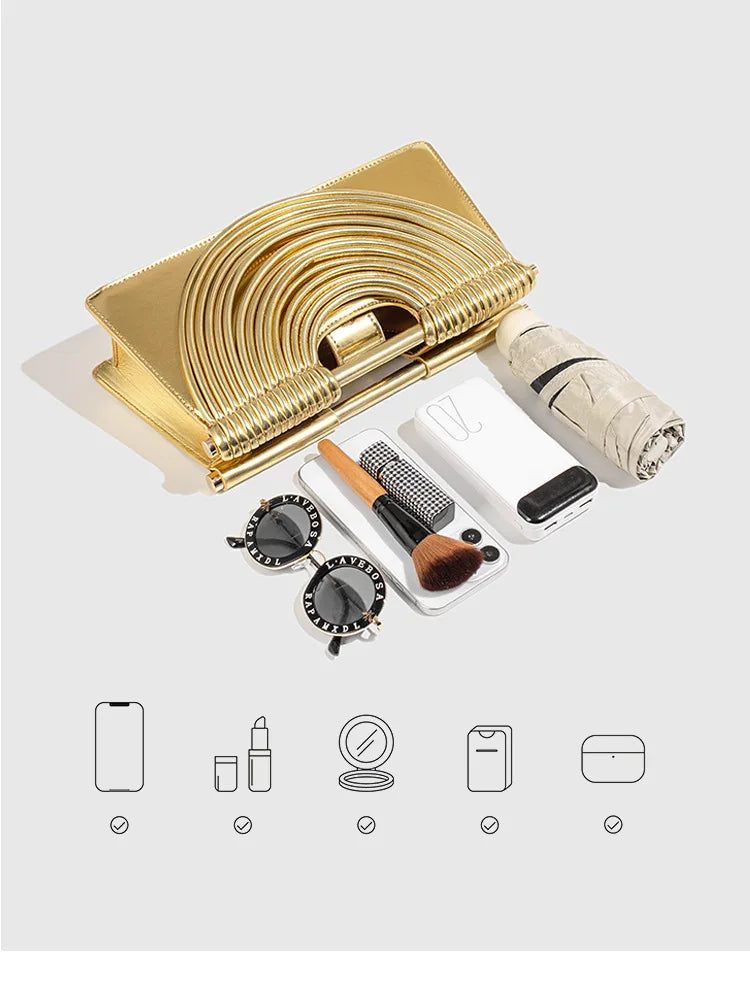 🍒Handwoven style Women's gold crossbody bag clutch handle occasion handbags smart casual strands pu material soft Texture triangle shape shoulder bag Strands Of Style
