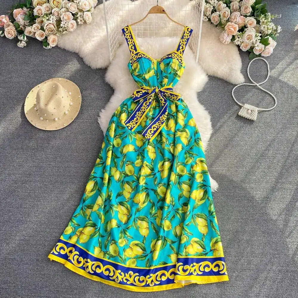 🍒Mode midi-rokhemp somer vroue boheemse kortmou blomme uitrusting suurlemoen-afdruk sonrok met gordel elegante lang rok slim gemaklike klere