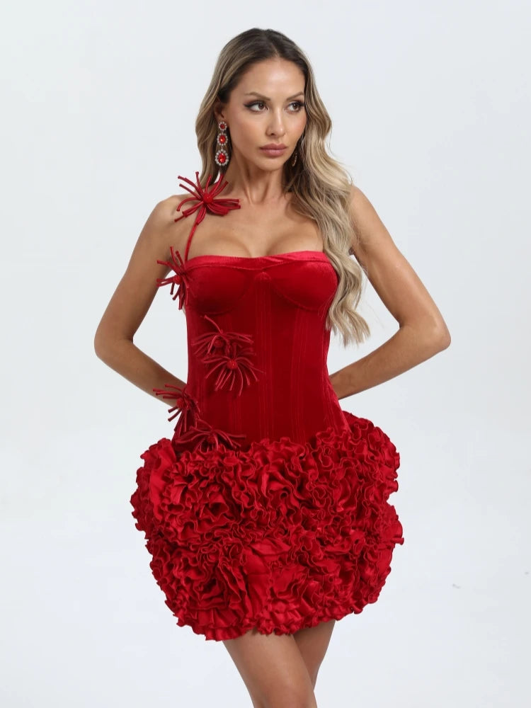 🍒Vroue se romp tweedelige stel halter-korsetboppie 3D-blomme-uitrusting korsetboppie met bypassende romp mini-veterrug bustier-pakke celebrity partytjiedrag COCK -ya TAIL Klere