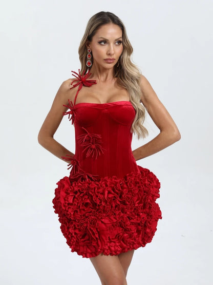 🍒Vroue se romp tweedelige stel halter-korsetboppie 3D-blomme-uitrusting korsetboppie met bypassende romp mini-veterrug bustier-pakke celebrity partytjiedrag COCK -ya TAIL Klere