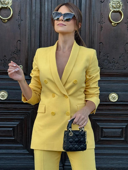 🍒Double breasted long sleeve blazer women's spring summer blazers lapel collar suit and mid waist zipper flared pants smart  casual wear YEL out and bend LOW when you get this