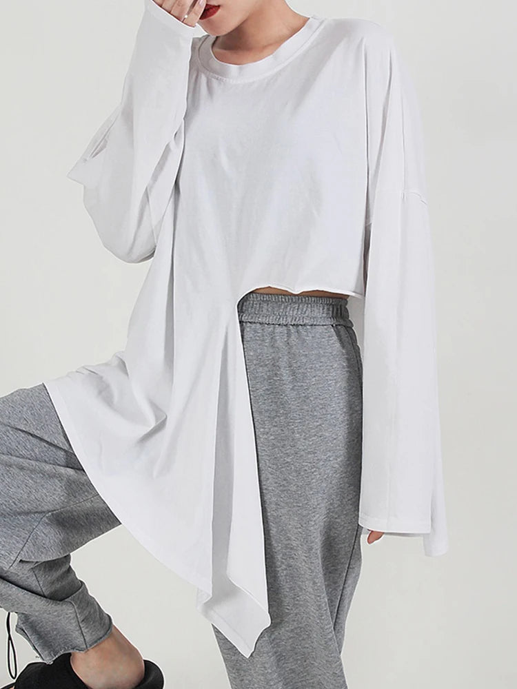 🍒Hot pink t-shirt big size Irregular side slit tee with o-neck long sleeve fashion for women smart casual spring autumn clothing  Don’t Cut Across This Cool Cross Cut