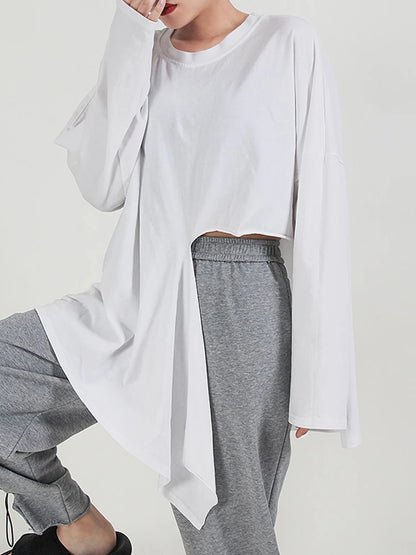 🍒Hot pink t-shirt big size Irregular side slit tee with o-neck long sleeve fashion for women smart casual spring autumn clothing  Don’t Cut Across This Cool Cross Cut