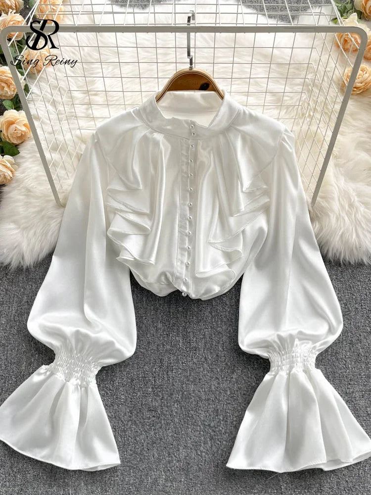 🍒高品质缎面衬衫 宽松泡泡袖喇叭袖荷叶边衬衫 派对服 串珠上衣 女式柔美通勤装 少女珍珠