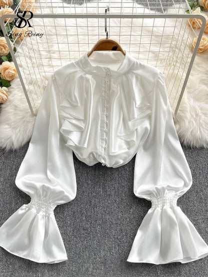 🍒高品质缎面衬衫 宽松泡泡袖喇叭袖荷叶边衬衫 派对服 串珠上衣 女式柔美通勤装 少女珍珠