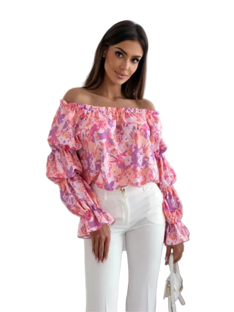 🍒Floral print off-shoulder blouse womens shirred puff sleeve top floral feminine casual ruffles shirt Tops Flower Up In A Puff