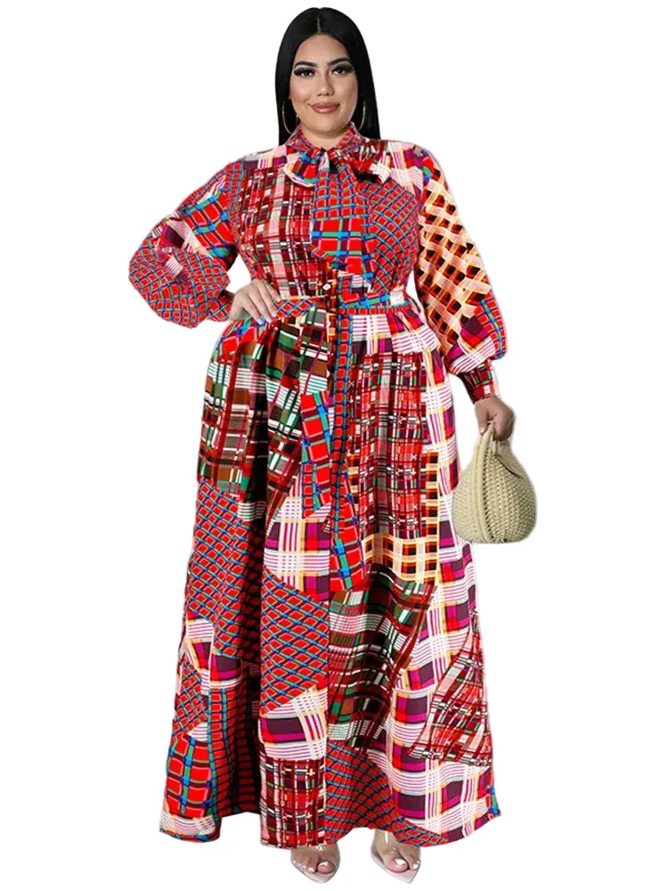 🍒Plus size vintage long sleeve dress print womens clothing fall dresses with belt loose maxi outfit long fashion smart casual women Mix Up Fashion