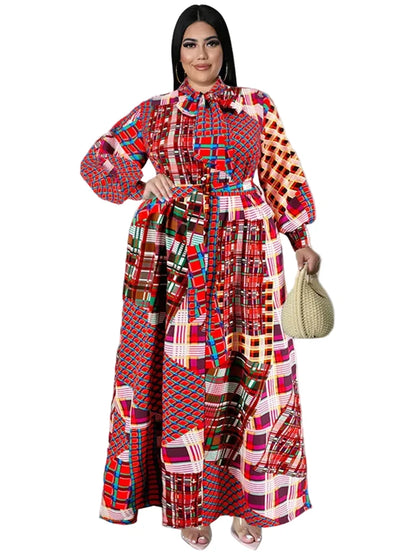 🍒Plus size vintage long sleeve dress print womens clothing fall dresses with belt loose maxi outfit long fashion smart casual women Mix Up Fashion