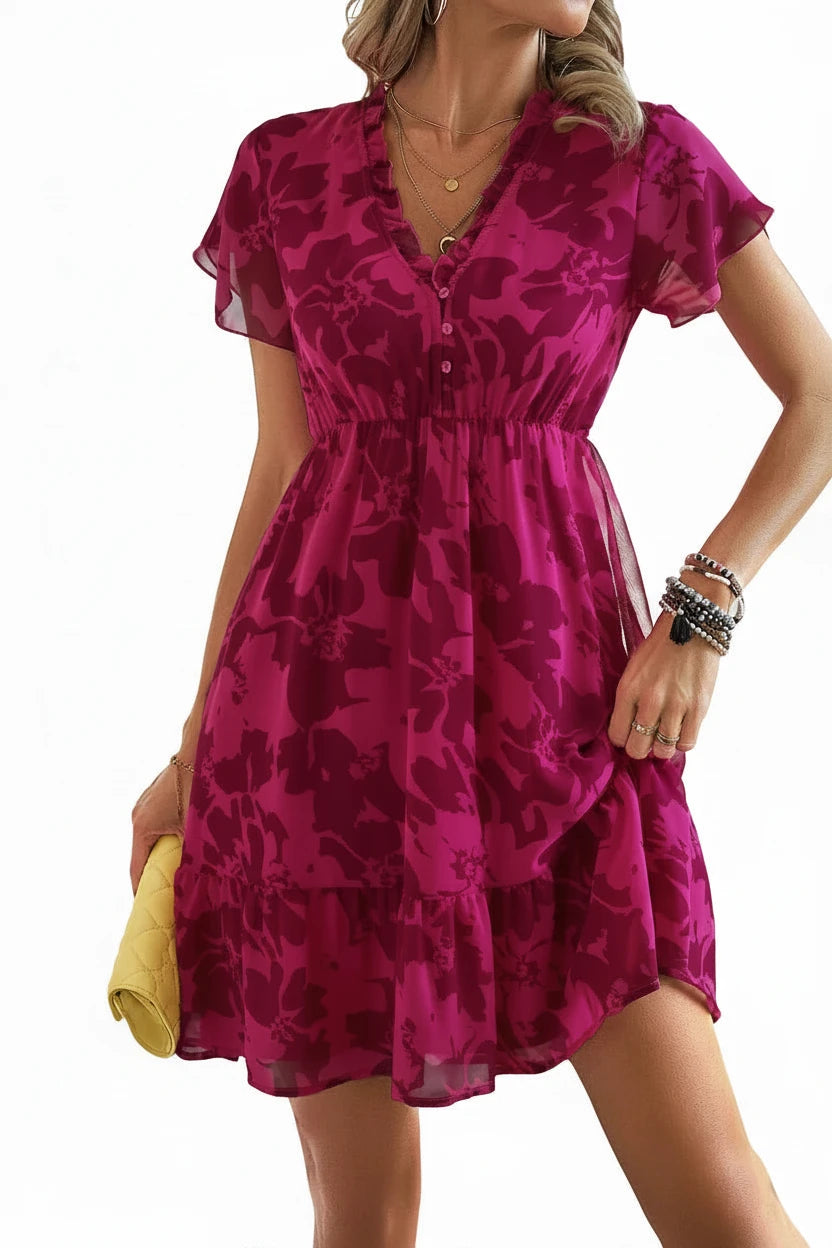 🍒Dresses Spring/Summer luxury style flutter short sleeved outfit women above knee v-neck dress a line short floral clothing smart casual beach holiday wear Don’t Flutter Buy This Pretty Outfit