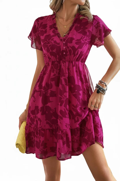 🍒Dresses Spring/Summer luxury style flutter short sleeved outfit women above knee v-neck dress a line short floral clothing smart casual beach holiday wear Don’t Flutter Buy This Pretty Outfit