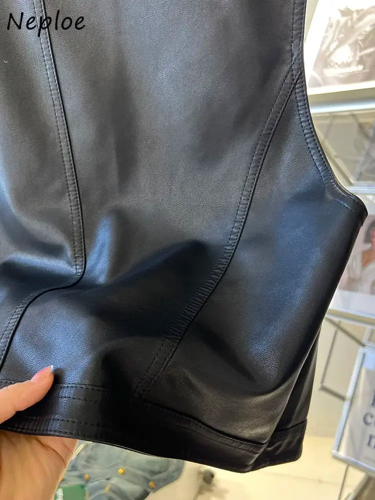 🍒Leather vest women chic clothing streetwear fashion style Y2K waist coat sleeveless moto jacket buttoned cute tank smart casual clothes party occasion wear Look Leather Lovely