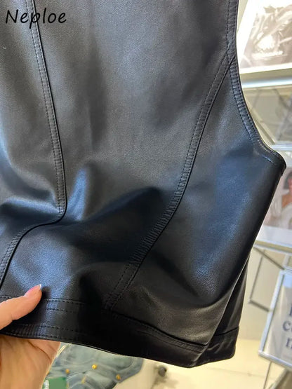 🍒Leather vest women chic clothing streetwear fashion style Y2K waist coat sleeveless moto jacket buttoned cute tank smart casual clothes party occasion wear Look Leather Lovely