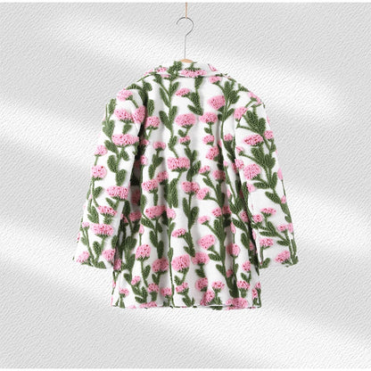 🍒Flower fleece jacket woman loose lapel long sleeve coat single breasted casual coat unique 3D floral outerwear clothing  Floral Fashion Fun Fleece